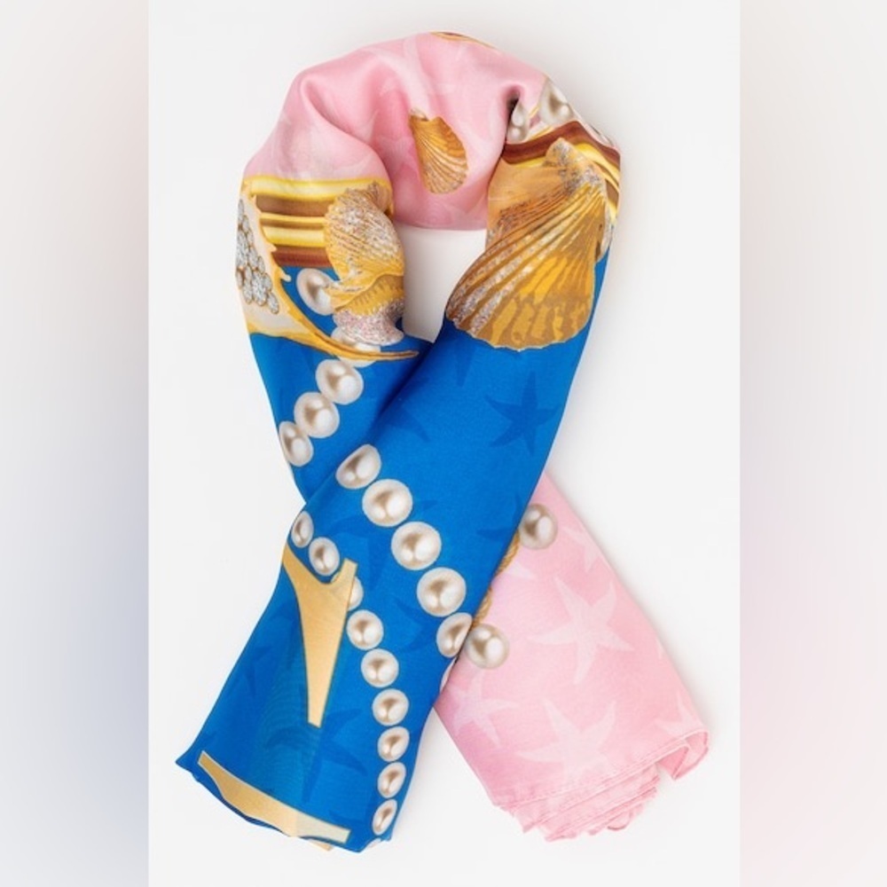 New Guess Blue and Pink Scarf with Gold Accents